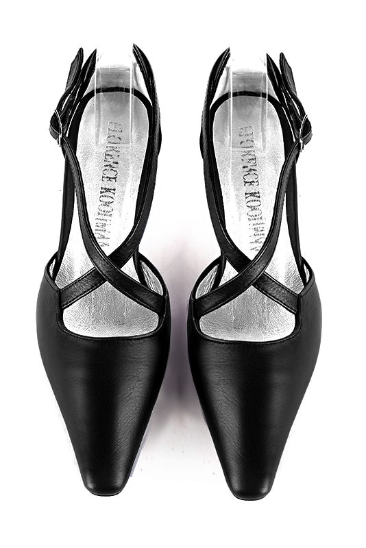 Satin black women's open side shoes, with crossed straps. Tapered toe. Medium spool heels. Top view - Florence KOOIJMAN